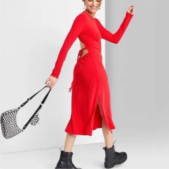 wild fable Dresses & Skirts - Wild Fable Red Ribbed Midi Length Long Sleeve Body con Dress with Open Back XS